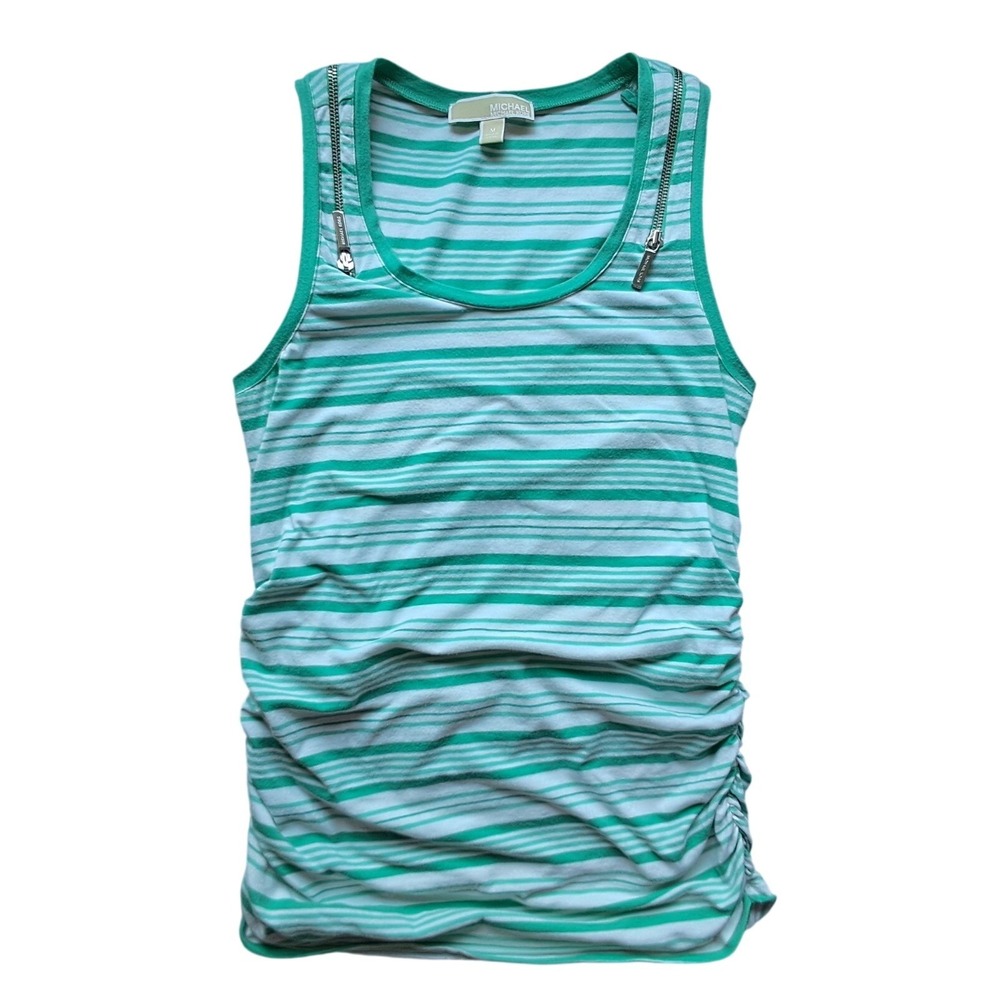 Michael Kors Womens Mint Green Striped‎ Ruched Tank Top Shoulder Zippers Size M